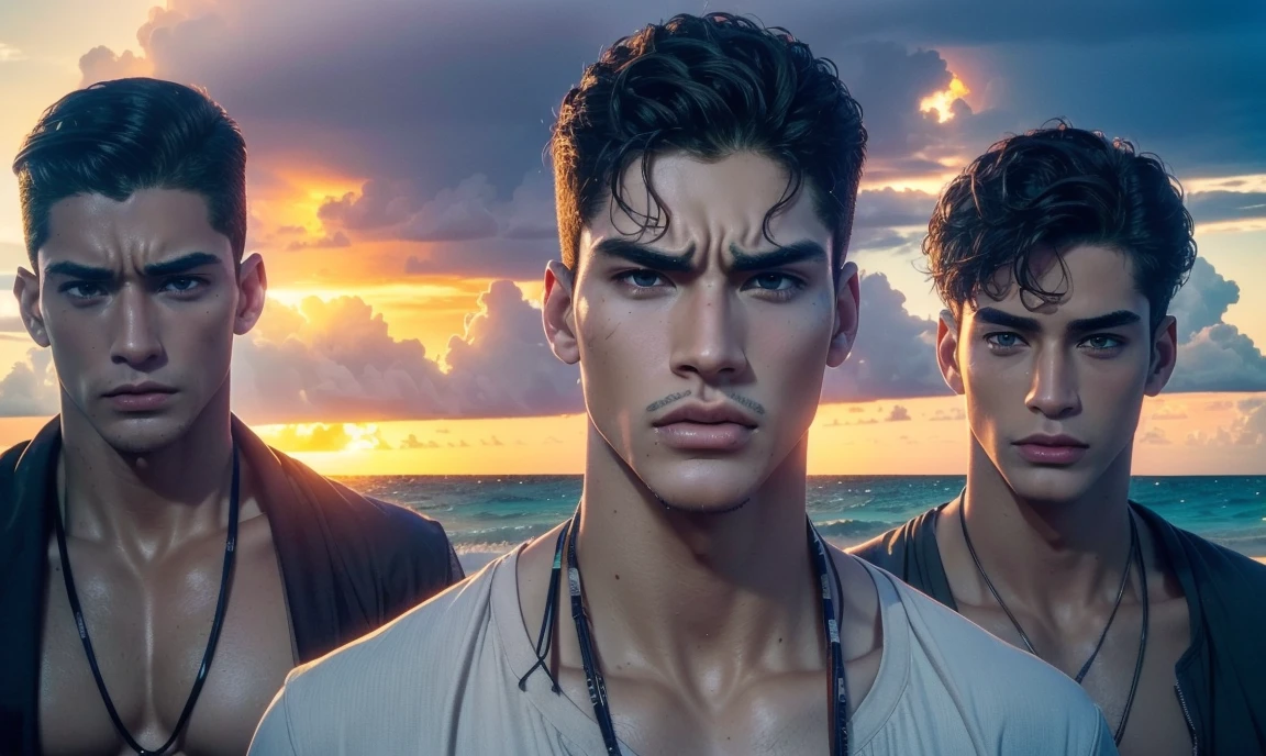 [((highly detailed, detailed eyes, detailed face, clear and realistic facial features, photorealistic, realistic light, cinematic, close up)), ((((3 men)))), (((each man looks unique))), (((each man has a different natural hair color))), ((((each man has different facial features)))), (((((each man has a different ethnicity)))), ((((sexy male college-age jocks standing on the beach and looking angry or frustrated)))), ((wearing casual clothes)), ((beautiful deserted tropical island with a storm in background))]
