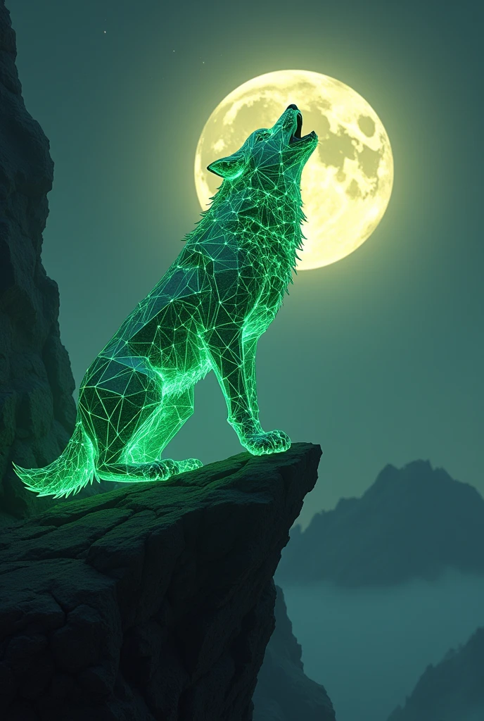 crystaline geometrical alpha wolf till neck colours green as primary and yellow,red,blue as secondary howling on cliff in full moon emblem