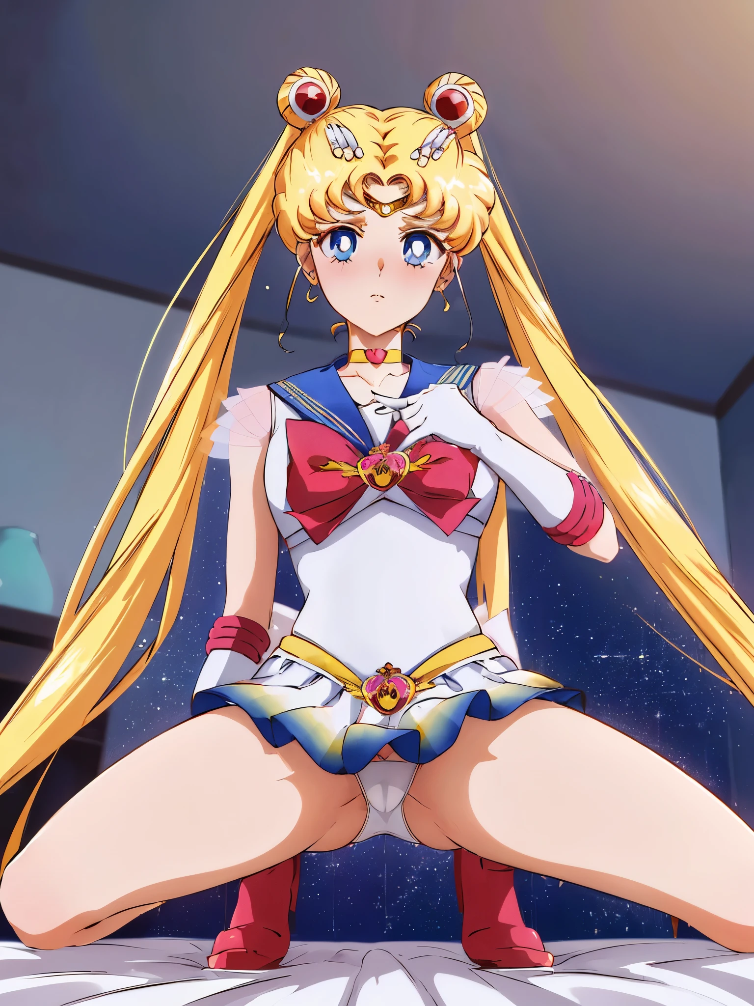 (((view under the skirt angle perspective from below, ))),masterpiece,best quality,(1 person),(Super Sailor Moon),(detailed face),face focus,white wall,(on bed),bright room,embarrassed expression,white gloves,detailed eyes,detailed face,love hotel room,best quality,high resolution,(detailed and beautiful eyes: 1.3),highly detailed face,meticulous CG,(perfect hands,perfect anatomy),(flipped skirt 1.3),(detailed panties 1.3),bed,(white panties: 1.3),(ruffled panties: 1.3),(squats: 1.3),(spread legs: 1.3)