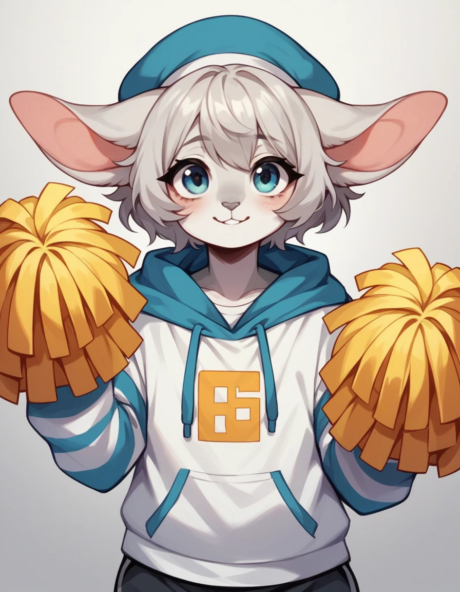 Anthropomorphic character, feminine, with white fur, large ears, slightly gray nose, short wavy white hair, hat with a visible brim and a circular ornament on top, white sweatshirt with drawstrings that end in two cute pompoms, black horizontal stripes on the sleeves of the sweatshirt