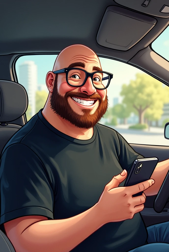 create a Disney style drawing, and Pixar watercolor of a chubby 30 year old white man with a shaved head,  Smiling holding a mobile phone in his hand. he is wearing a black t-shirt,  wearing prescription glasses. square and oval face at the same time. background inside a car. shaved head, and bearded. thin face