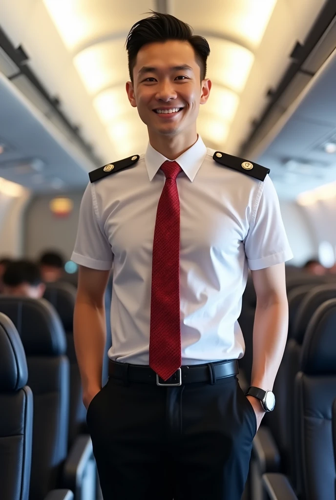 a picture of a male cabin crew member of Thai chinese descent, white skin standing confidently in an airplane cabin. He has sleek, middle-parted hair and is wearing a very thin see through white shirt, with an undershirt obviously visible underneath. His attire includes black pants, and a red patterned necktie. Black shoulder badges are visible, indicating his rank or role. He stands with both hands casually in his pockets, exuding professionalism and approachability in the cabin's aisle.