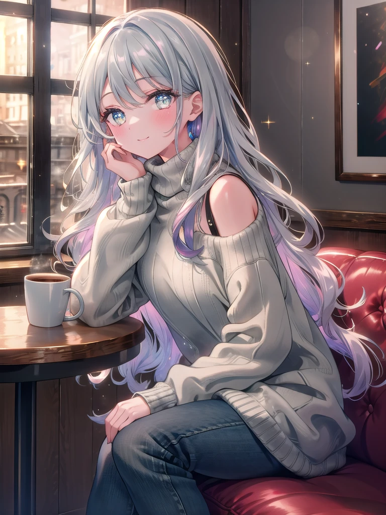 ((8k, Highest quality, masterpiece: 1.3)),Ultra-high resolution,(1 girl, alone), (Color changing eyes, Ultra-detailed, Expressive brilliance, Glitter, Glowing Eyes), Highly detailed eyes, Highly detailed face, Random Hair, ((pastel colour))Coffee Break at the Café
Seated at a small wooden table in a cozy café, the woman leans forward slightly, her chin resting on her hand as she looks directly into the camera with a gentle smile. She’s wearing a light grey turtleneck sweater and dark blue skinny jeans, her hair falling in soft waves around her shoulders. A cup of steaming coffee sits in front of her, and through the large windows behind her, the bustling street outside can be seen, with people passing by and the evening lights beginning to glow.
