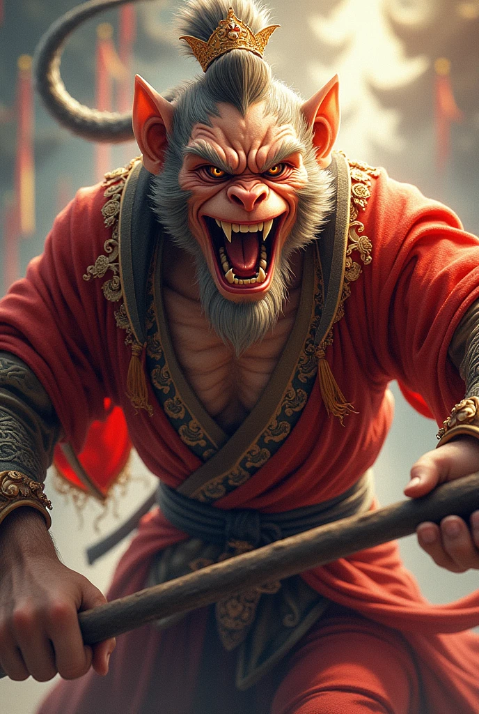 a highly detailed 2D digital painting of sun wukong, the legendary monkey king from chinese folklore, beautifully rendered in an anime art style, intricate character design, striking pose, dynamic action, vivid colors, cinematic lighting, dramatic shadows, ornate costume details, detailed facial features, expressive eyes, open mouthed snarling expression, muscular physique, holding a staff, detailed background elements, vibrant color palette, digital painting, concept art, masterpiece