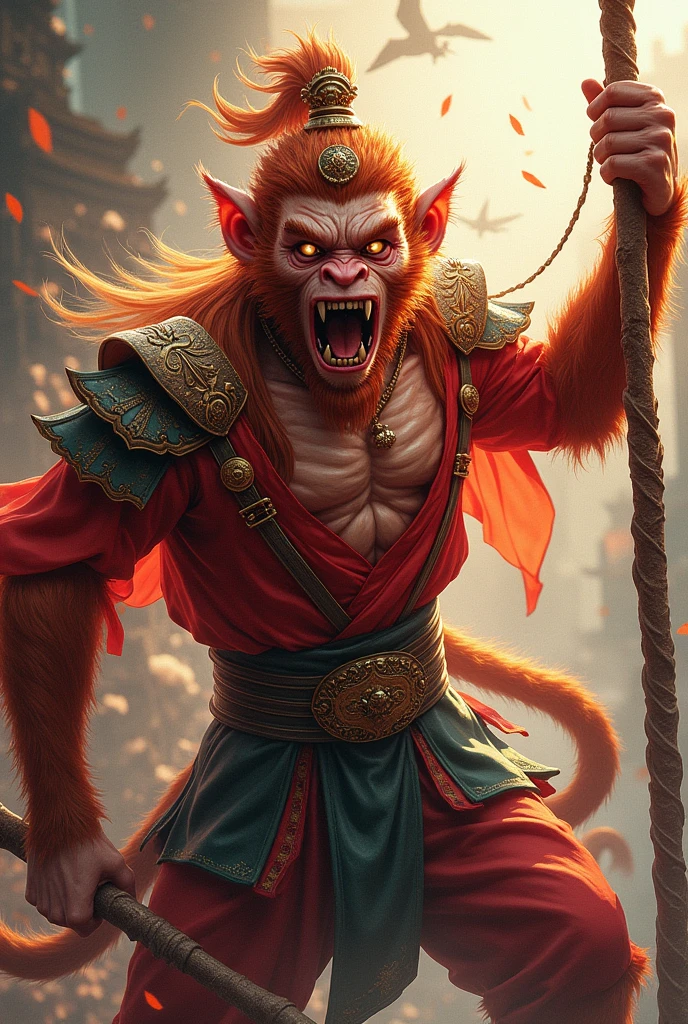a highly detailed 2D digital painting of sun wukong, the legendary monkey king from chinese folklore, beautifully rendered in an anime art style, intricate character design, striking pose, dynamic action, vivid colors, cinematic lighting, dramatic shadows, ornate costume details, detailed facial features, expressive eyes, open mouthed snarling expression, muscular physique, holding a staff, detailed background elements, vibrant color palette, digital painting, concept art, masterpiece
