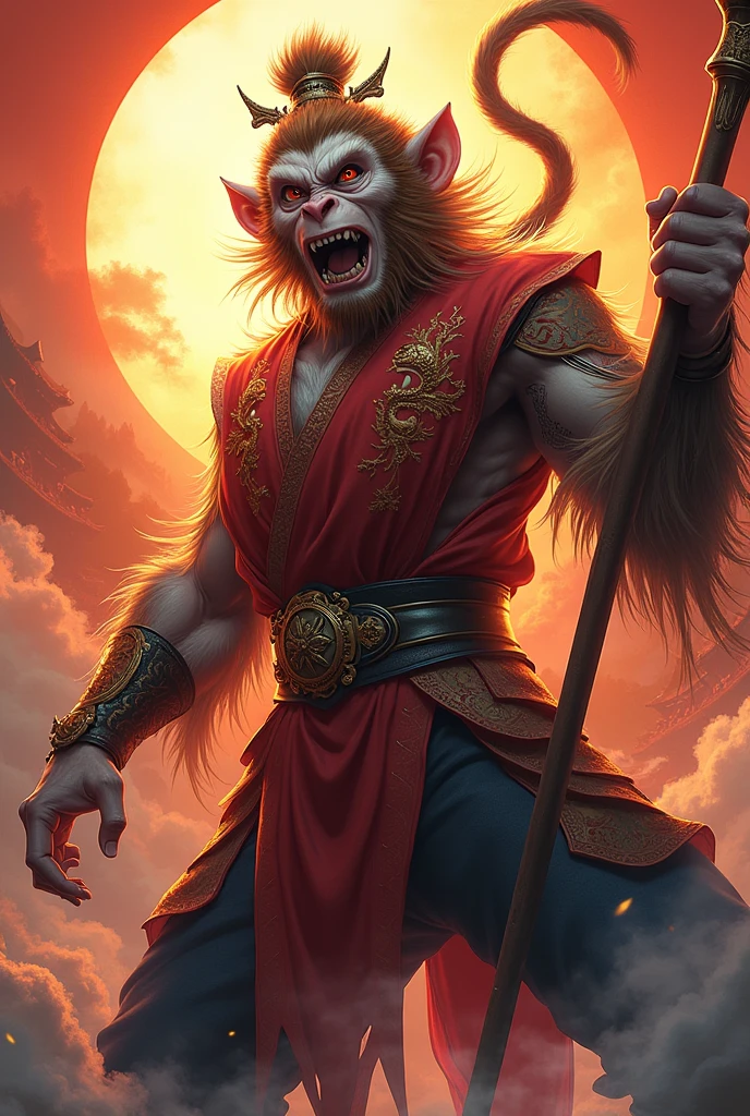 a highly detailed 2D digital painting of sun wukong, the legendary monkey king from chinese folklore, beautifully rendered in an anime art style, intricate character design, striking pose, dynamic action, vivid colors, cinematic lighting, dramatic shadows, ornate costume details, detailed facial features, expressive eyes, open mouthed snarling expression, muscular physique, holding a staff, detailed background elements, vibrant color palette, digital painting, concept art, masterpiece
