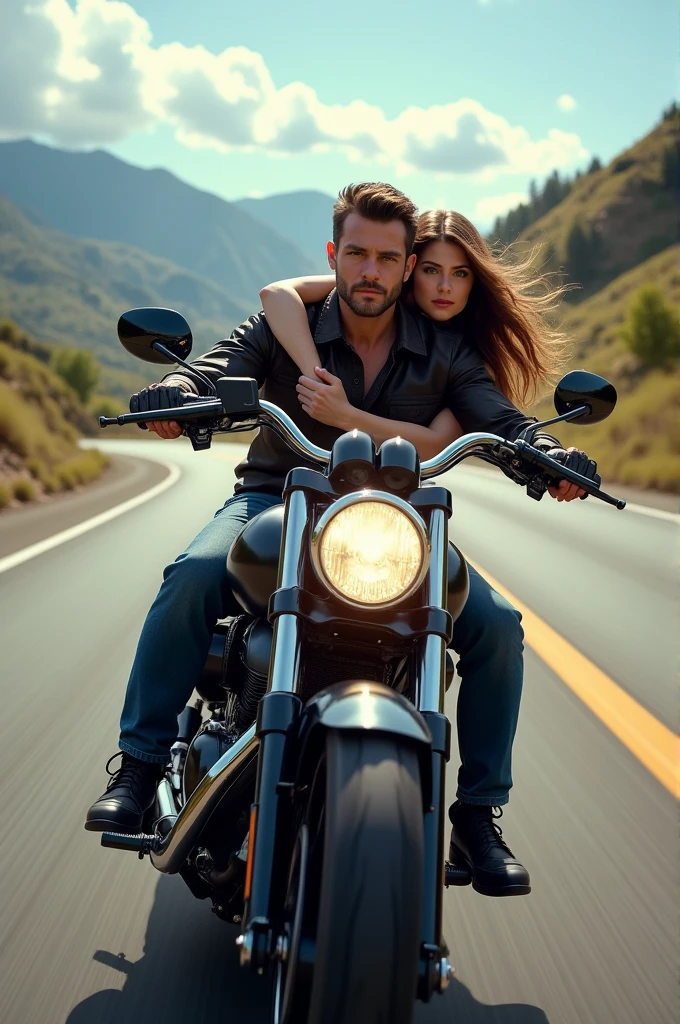 Motorbike ride man with women hugging from back
