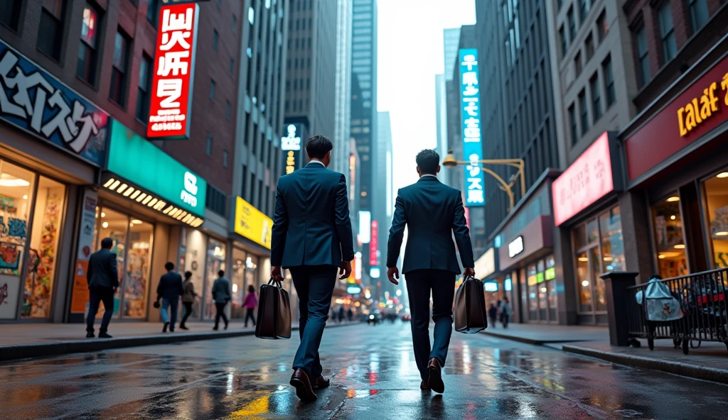 2 business man walking on the streets of New York City in 2024, detailed urban cityscape, neon lights, skyscrapers, street art, gritty atmosphere, cinematic lighting, vibrant colors, photorealistic, 8k, highly detailed, masterpiece