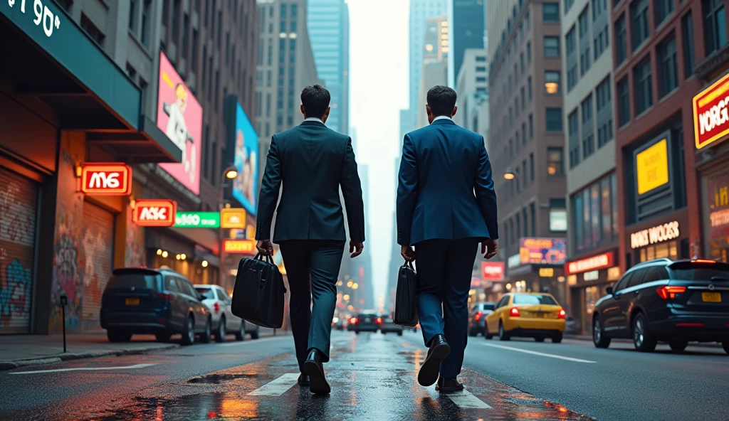 2 business man walking on the streets of New York City in 2024, detailed urban cityscape, neon lights, skyscrapers, street art, gritty atmosphere, cinematic lighting, vibrant colors, photorealistic, 8k, highly detailed, masterpiece