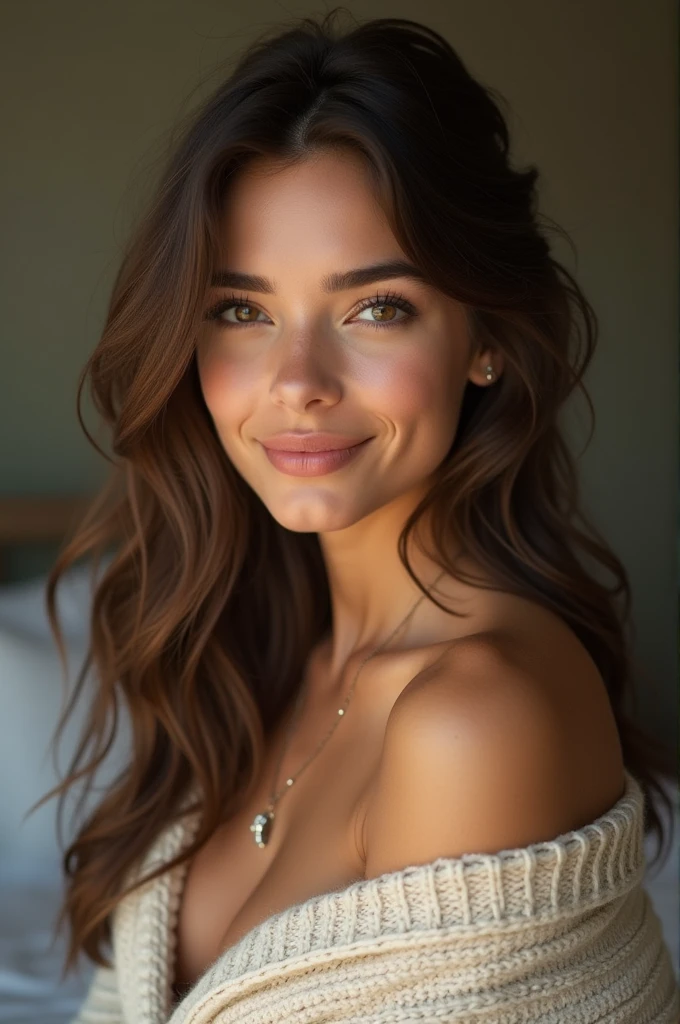 Very very very sexy girl, 1girl, solo, brunette hair, parted hair style, wearing long jumper, wearing necklace, full body shot, body focus, Detailed skin, Detailed Face, Detailed Lips, Detailed Eyes, light make up, seductive smile, happy, textured skin, super detail lighting, summary background, summer