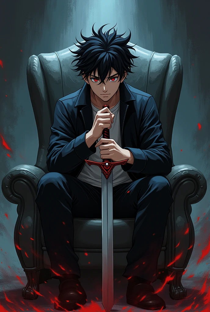 Anime boy with demon power and sword in left hand sitting in the chair