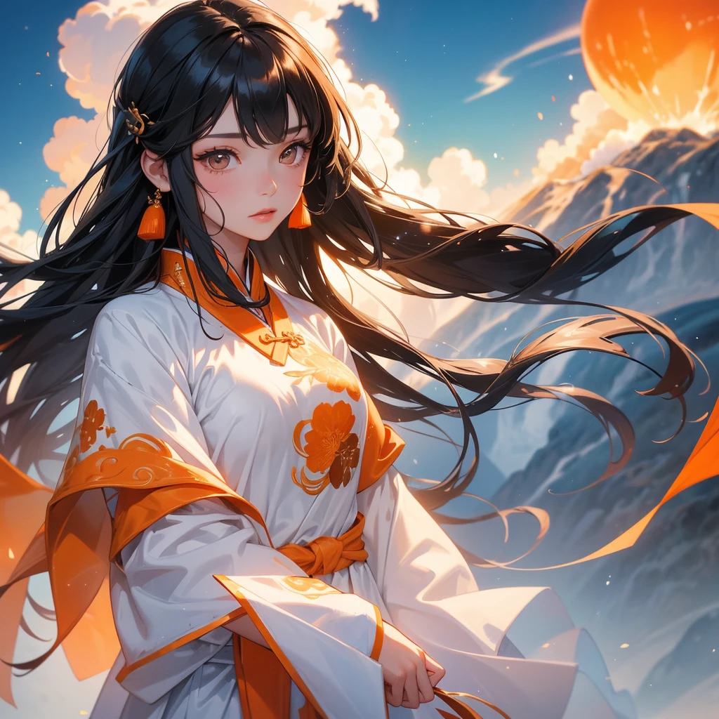 A beautiful girl with black long hair, wear white ancient chinese clothes, There are some floating clouds, with the sun shining on her face, close up.

Background is a volcano, lava erupting orange