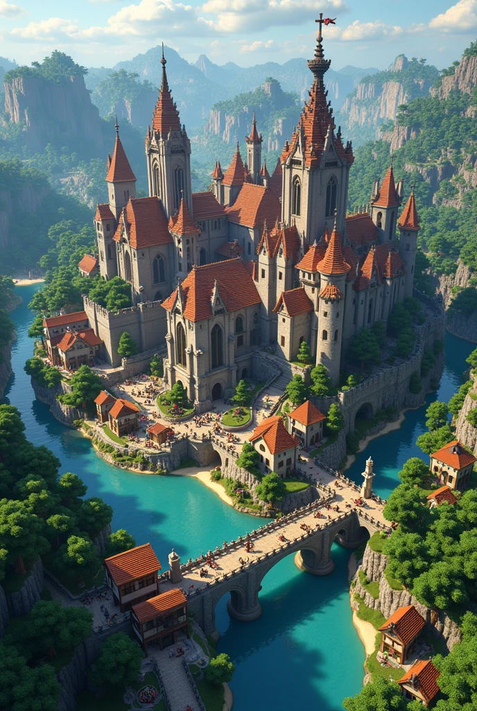 Aerial image of a large medieval city in Minecraft