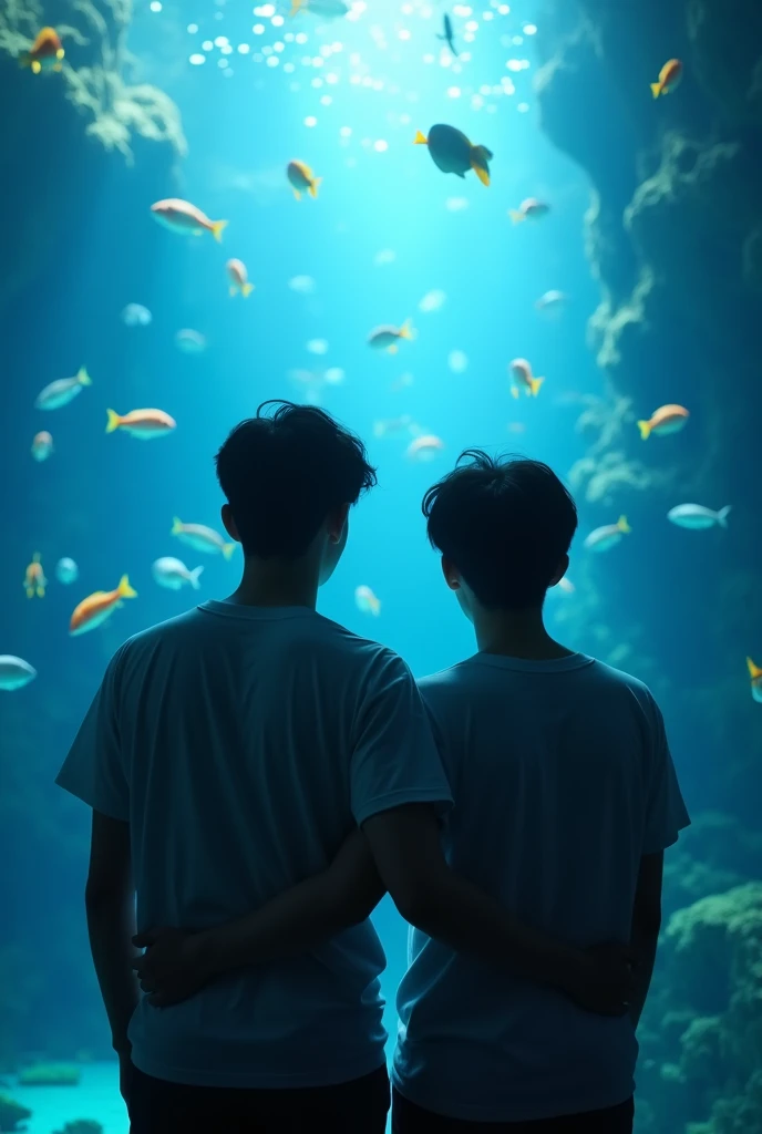 Asian BL couple, seeing back silouhette in a aquarium