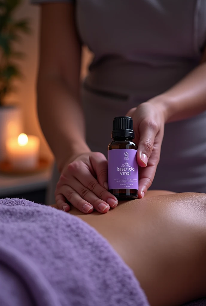 A massage therapist applying lavender essential oil on a client, mostrando su uso en masajes y que el frasco del aceite salga la marca ‘It issencia Vital’ o ‘S.It is.THE'