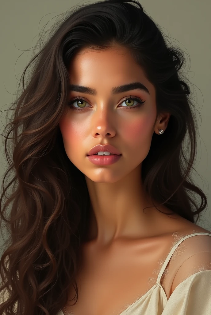 A real Maghrebi woman, full face ment natural and without makeup. A slightly round face and a not too thin body, long curly hair with green eyes 