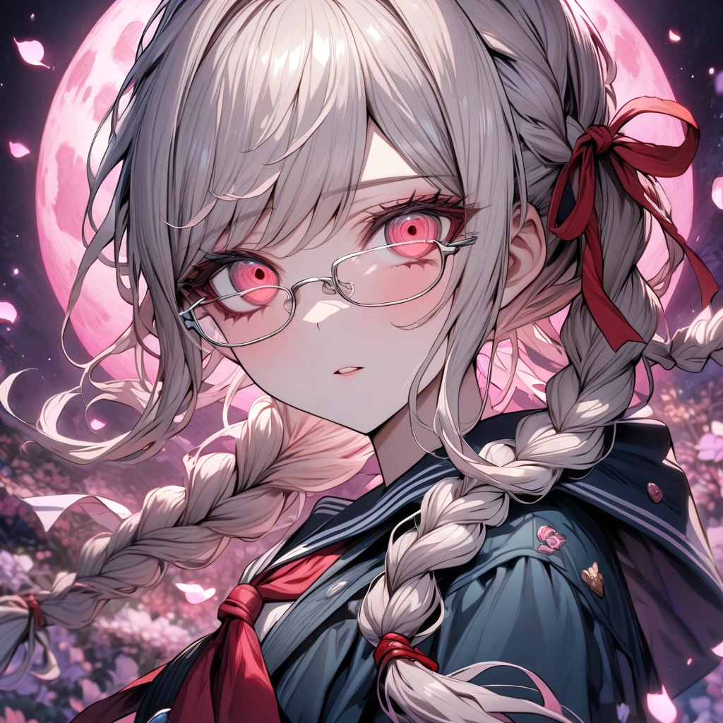 Ultra detailed, highres, absurdres, HDR, master piece, Pekoyama Peko, silver hair tied into braids, expressive red eyes, thin rectangular glasses, turquoise-black seifuku uniform, Danganronpa, pink flowers, petals, fireflies, pink moon, woman, solo, extremely beautiful, very detailed face and eyes, best quality, fantasy, magical, close up