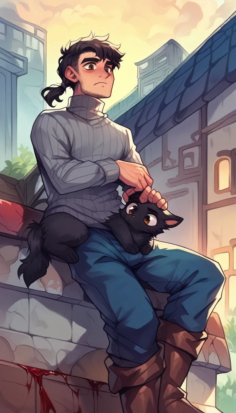 (detailed), (((normal guy))), (Arabic characteristics), ((black fur rizado Ponytail hairstyle)), ((Ponytail hairstyle)), (calm face), ((Brown boots)), (((whole body))), ((male)), (gray turtleneck sweater), ((only one person)), (((at night))), ((Brown eyes)), In the dark, ((black fur)), ((human)), Grabbing a scimitar, ((only on a rooftop)), ((It rains blood))