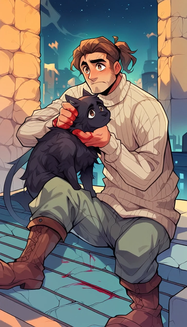 (detailed), (((normal guy))), (Arabic characteristics), ((black fur rizado Ponytail hairstyle)), ((Ponytail hairstyle)), (calm face), ((Brown boots)), (((whole body))), ((male)), (gray turtleneck sweater), ((only one person)), (((at night))), ((Brown eyes)), In the dark, ((black fur)), ((human)), Grabbing a scimitar, ((only on a rooftop)), ((It rains blood))