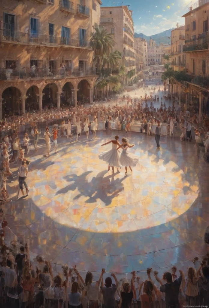 People Dancing on the Stage Surface, best quality, masterpiece, very aesthetic, perfect composition, intricate details, ultra-detailed, by sunshine in Mallorca, surrounded ny photographs, detail tweaker XL