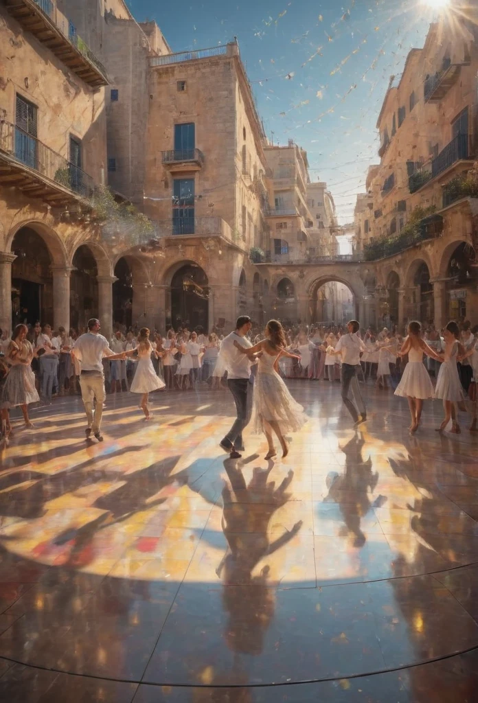People Dancing on the Stage Surface, best quality, masterpiece, very aesthetic, perfect composition, intricate details, ultra-detailed, by sunshine in Mallorca, surrounded ny photographs, detail tweaker XL