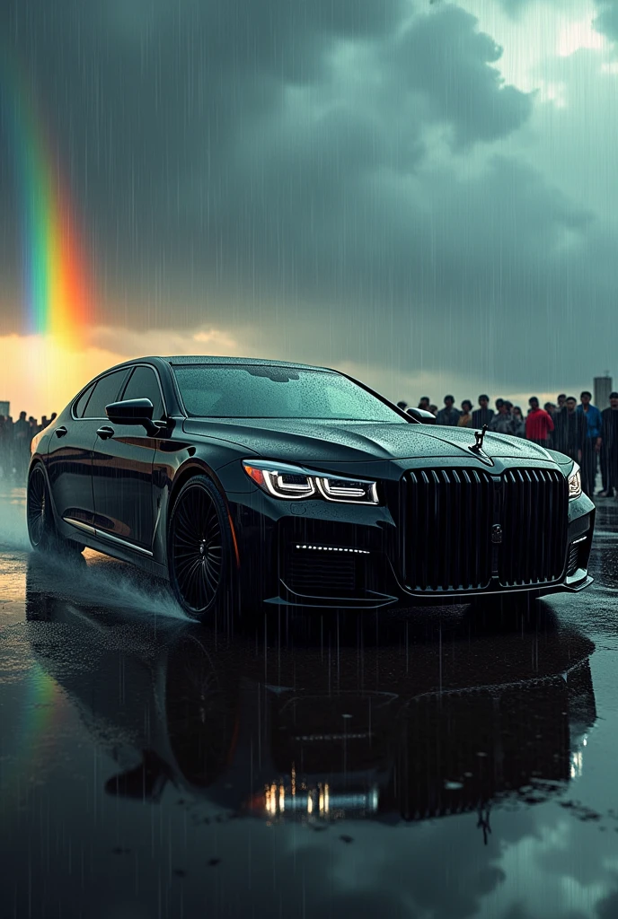 A big black Mafia car with dark sky and rainfall with rainbow and back side building  crowd see the car 