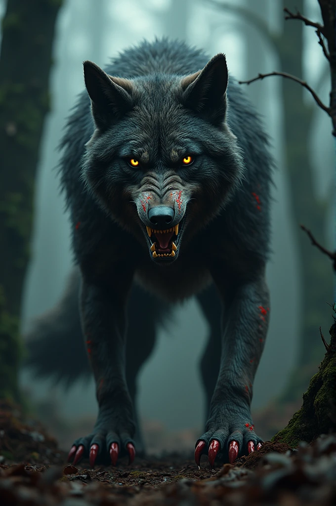 A horror Wolf with blood Scars Staring at camera, background dark forest