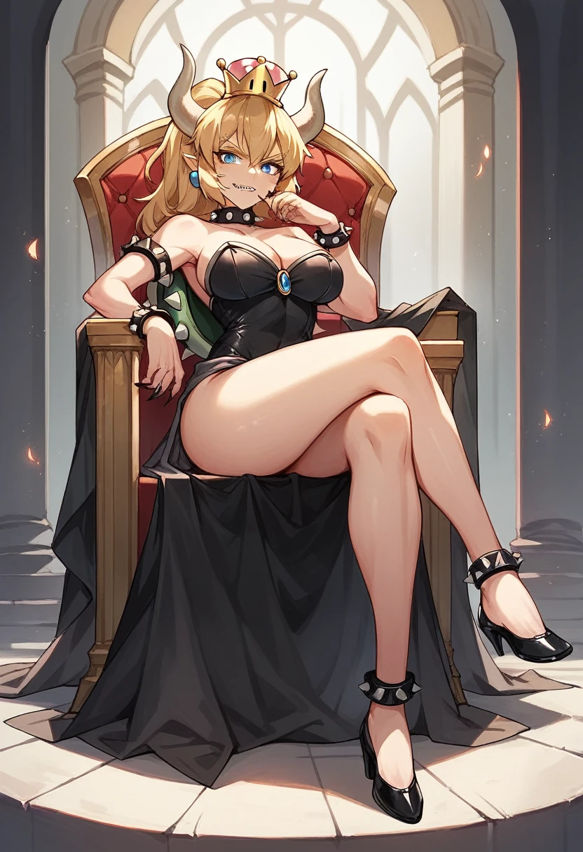 1 girl, Bowsette, black dress, large breasts, full body, sitting on a throne, legs crossed