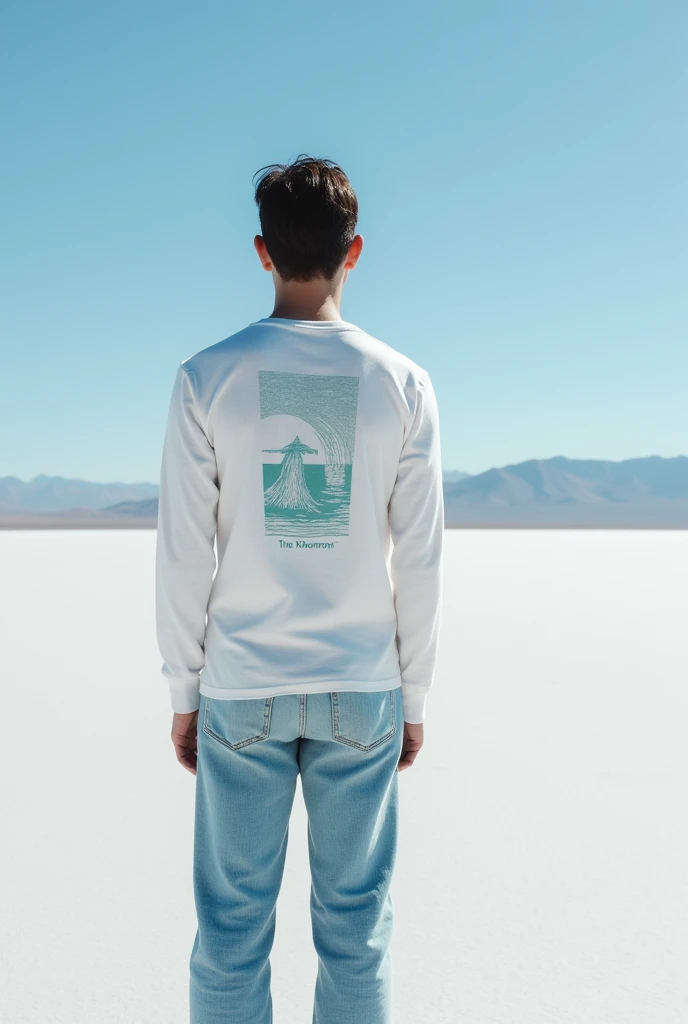 A long-sleeved T-shirt inspired by the Uyuni salt flats, with white and light blue predominating, that says Tinku Khunpa small on the right side and that has things that represent Bolivia and its aguayo