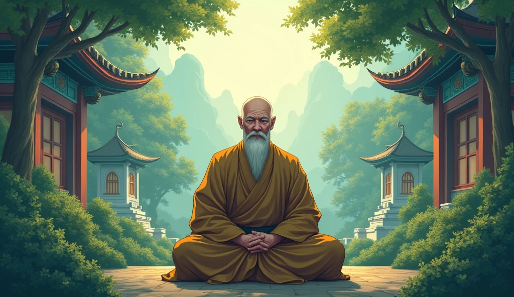 Old bald chinese monk sensei, trees, beautiful scenario, peaceful, surrounded by temples, in anime style, 