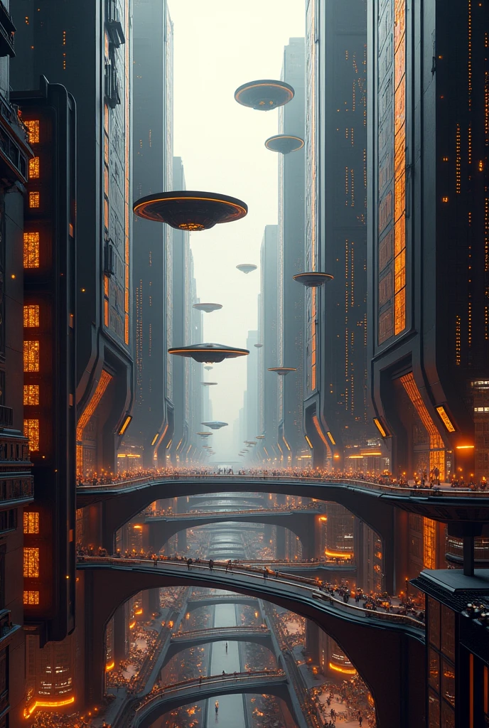 futuristic city with black and orange tones. With flying futuristic cars.