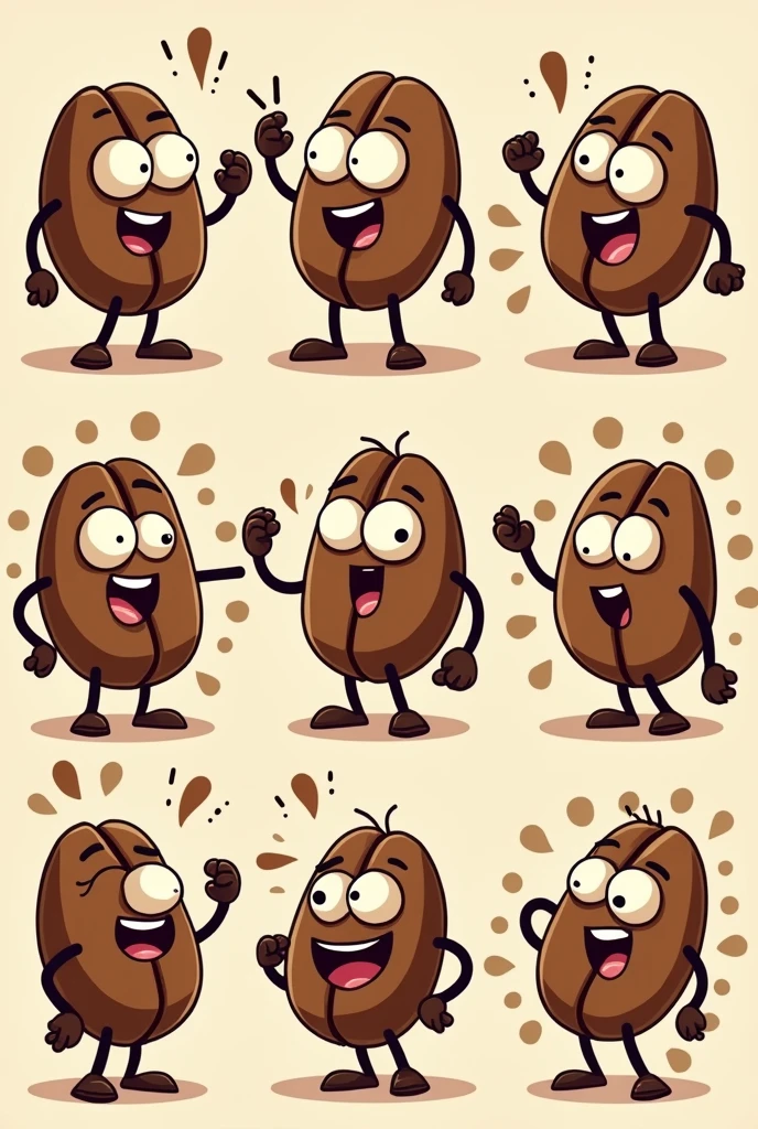 Create 10 different pictures of cute coffee beans in the form of comics 
