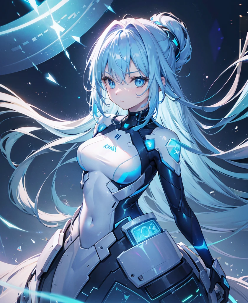 ((Holographic glow effect)),8k, Highest quality, (real:1.4), Original photo, 1 person, Asari Hair, Biological Amplifier, refined armor, posture: Peace talks between warring factions, smart blue eyes,whole body