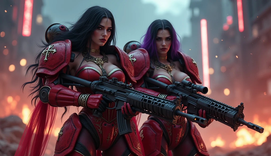 Full body pose sexy sisters of battle from the warhammer 40k, red and white armor, religous symbols on the armor, sisters of battle, warhammer 40k, Massive silicone breast, pale skin, seductive, temptation, eat your soul, clevage, long flowing black hair with purple highlights, heavy gothic makeup, at night, neon, beautiful detailed eyes, beautiful detailed lips, extremely detailed eyes and face, long eyelashes, highly detailed armor, intricate weaponry, dramatic lighting, cinematic composition, muted color palette, gritty and realistic, mecha, science fiction, hyper-detailed, photorealistic, award winning digital art, 8k, HDR, masters work, in the middle of a battle field, full body combat action pose, explosions and fire around, full war, stunning, Stilleto heels, high heels, full body pose, cinematic, movie trailer, final stand!, nemesis, ready to strike, dust and debree, combat screams, attacking. shooting at the enemy, running forward, last line of defense, charging