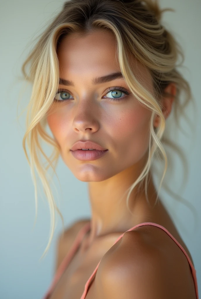 very realistic instagram model 1 blonde italian with blue eyes about 1m60 I want a portrait photo of her face very realistic without blur in the background