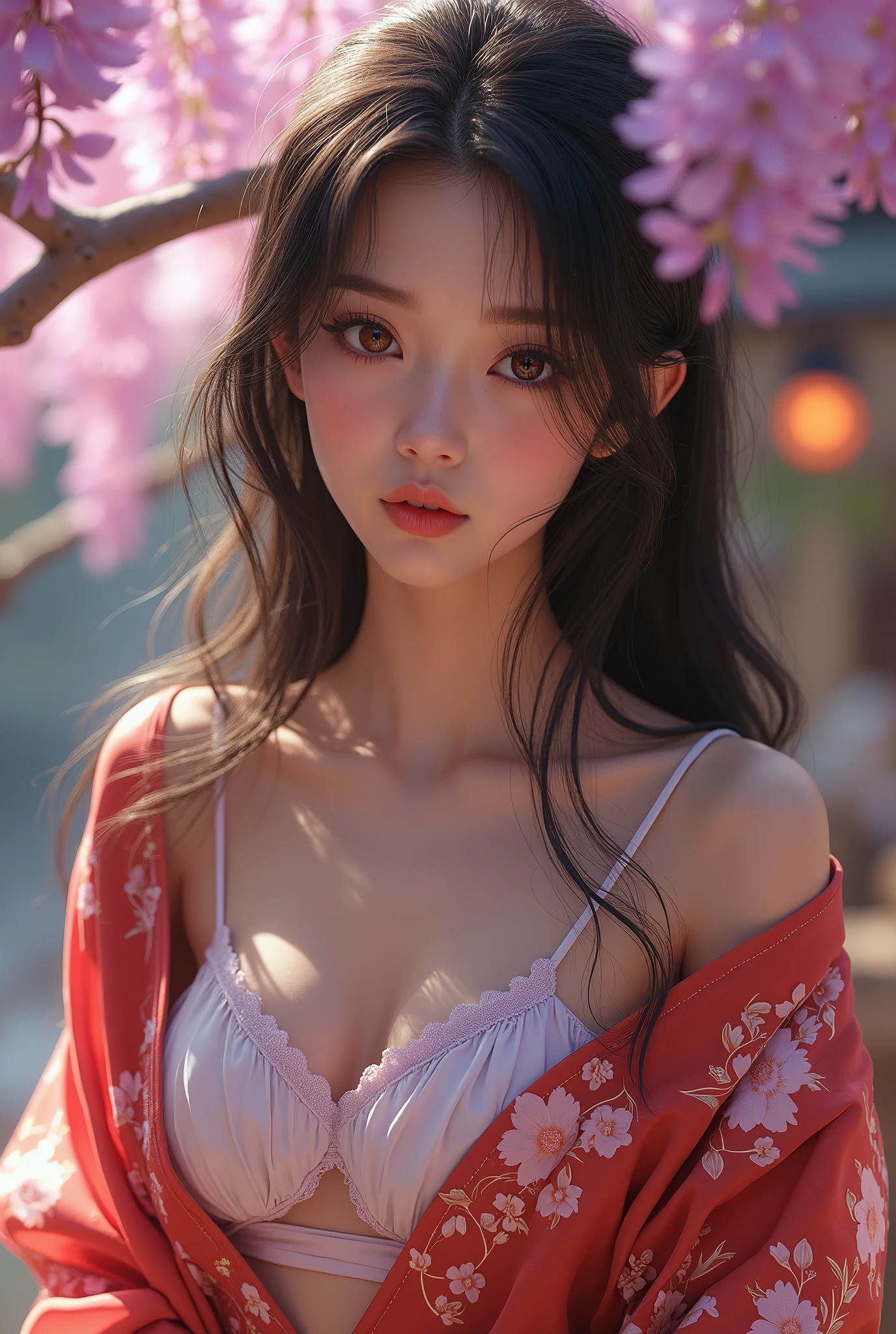 (masterpiece,Highest quality:1.4),(8k,RAW Photos,Photorealistic:1.4),Ultra-high resolution, ,(Glowing Skin:1.4),Detailed肌,Detailed顔,Detailed目,(Beautiful and shining eyes:1.2),Symmetrical eyes,Detailed耳,One person,Natural Makeup,(((Junior idol))),,Detailed背景,Vivid background,Beautiful and shiny hair,,((Average teenage breasts)),,(Detailed Sexy Kimono,Realistic beautiful teen,Sexy Neon,mysterious,whole body),,((Sharp Face)),Natural light,,(Very detailed ,,online shopping,LUMINE® Market,),,Wisteria flower background,Professional,(Detailed,Location was great.),