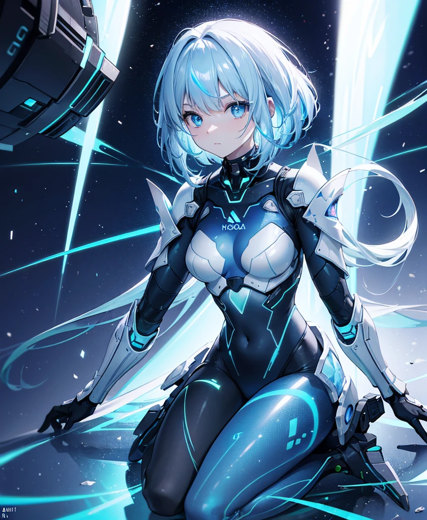 ((Holographic glow effect)),8k, Highest quality, (real:1.4), Original photo, 1 person, Asari Hair, Biological Amplifier, refined armor, posture: Peace talks between warring factions, smart blue eyes,whole body