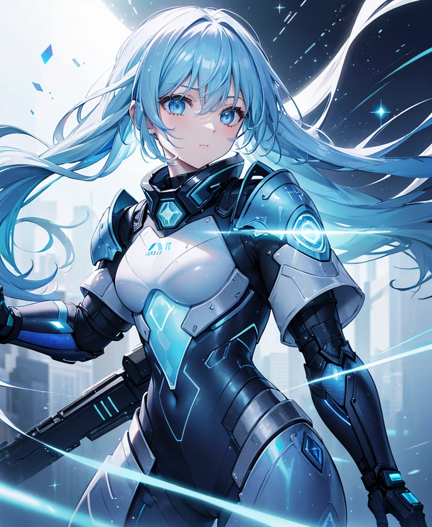 ((Holographic glow effect)),8k, Highest quality, (real:1.4), Original photo, 1 person, Asari Hair, Biological Amplifier, refined armor, posture: Peace talks between warring factions, smart blue eyes,whole body