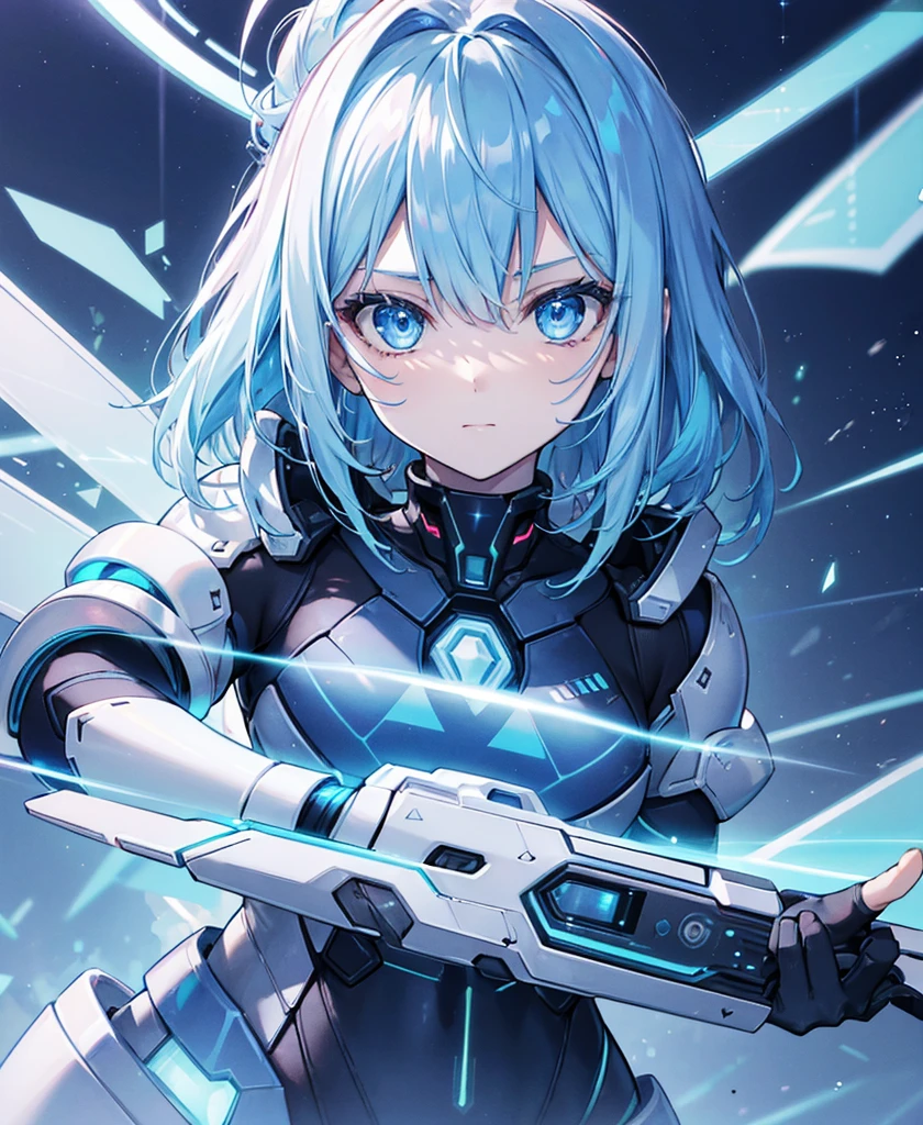 ((Holographic glow effect)),8k, Highest quality, (real:1.4), Original photo, 1 person, Asari Hair, Biological Amplifier, refined armor, posture: Peace talks between warring factions, smart blue eyes,whole body