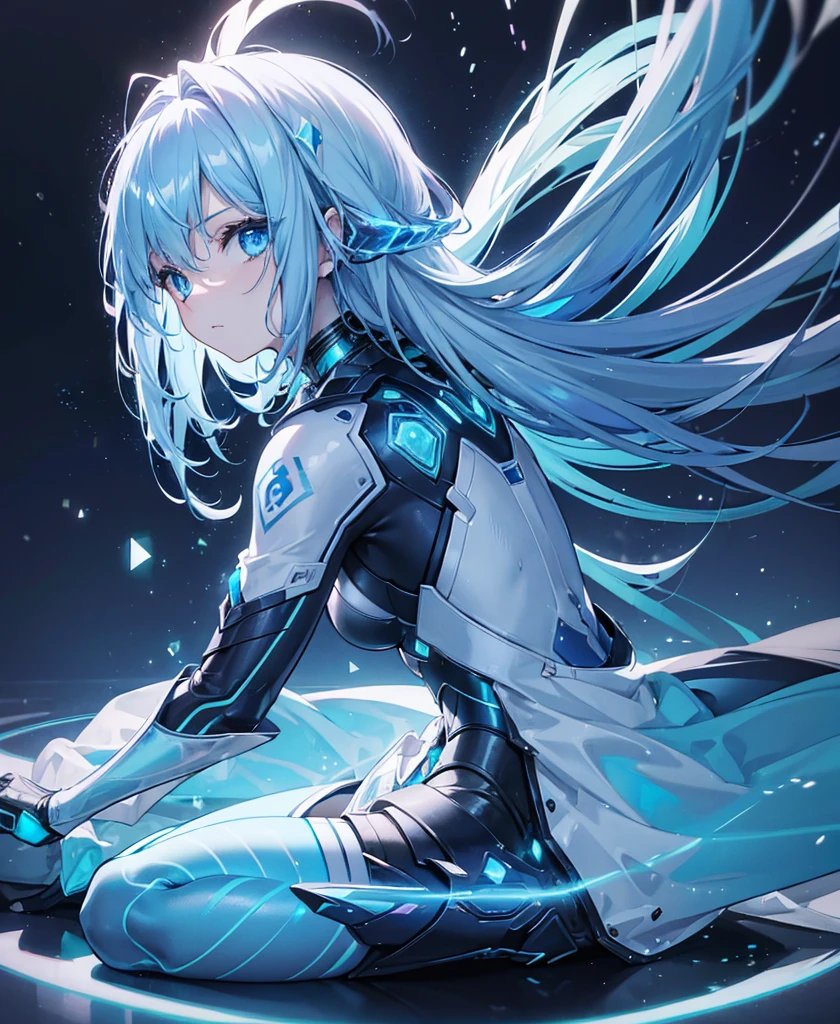 ((Holographic glow effect)),8k, Highest quality, (real:1.4), Original photo, 1 person, Asari Hair, Biological Amplifier, refined armor, posture: Peace talks between warring factions, smart blue eyes,whole body