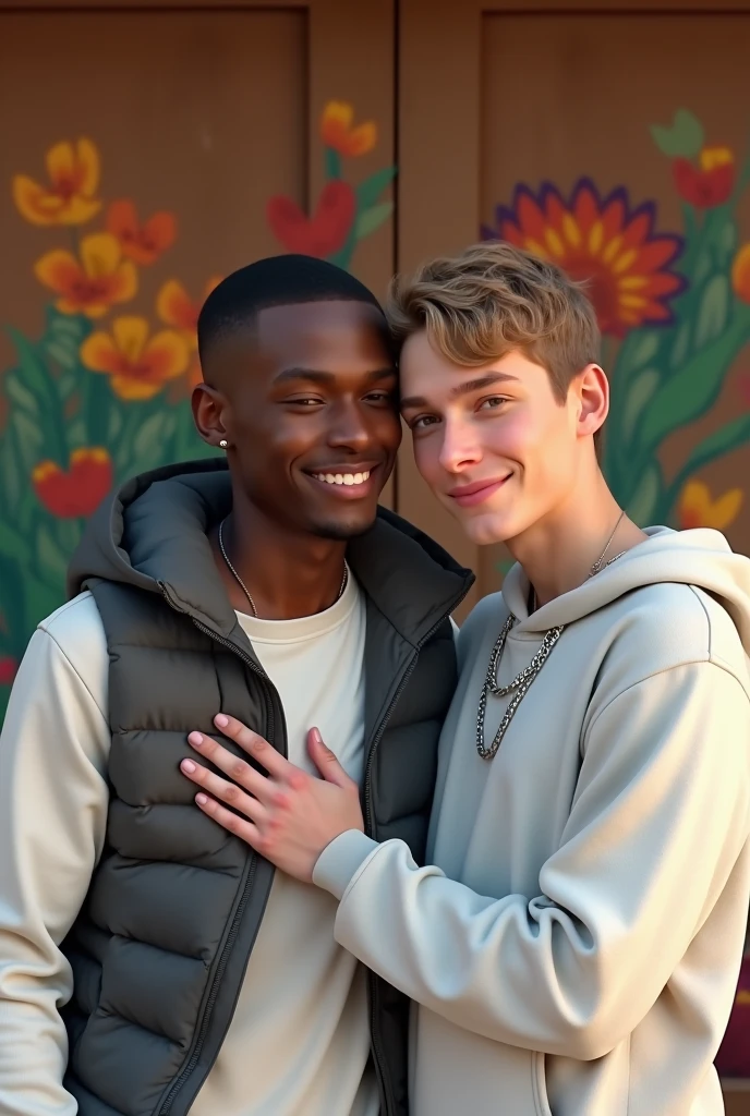 best qualityer:1.4), (ultra high resolution:1.2), (photorrealistic:1.4), (8k, CRU photo:1.2), A male couple is hugging in a relaxed atmosphere. A man with black skin, with grey cap, corte de cabelo buzzcut, is wearing a white shirt and a gray puffer jacket, is smiling softly, with her head resting on the boy's shoulder. The boy with fair skin, is wearing a white sweatshirt and a thin silver chain, short, light brown hair, also smiles slightly, with his hand resting on her neck. Ao fundo, there is a wooden wall and a colorful painting, possibly an artistic mural, which adds a vibrant touch to the intimate and affectionate scene