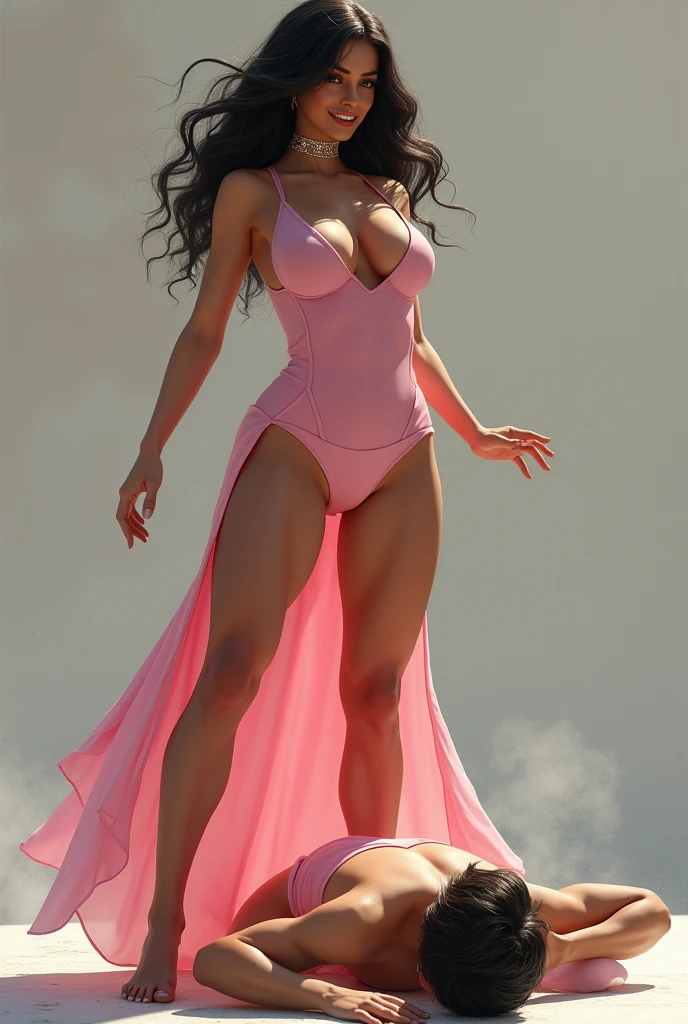 Beautiful girl beats boy in fight. Boy is on the ground in pain, and girl is standing above him, laughing at him. The girl is wearing a long pink tank top that is form-fitting and accentuates her curves. She has large breasts. She is wearing pink panties