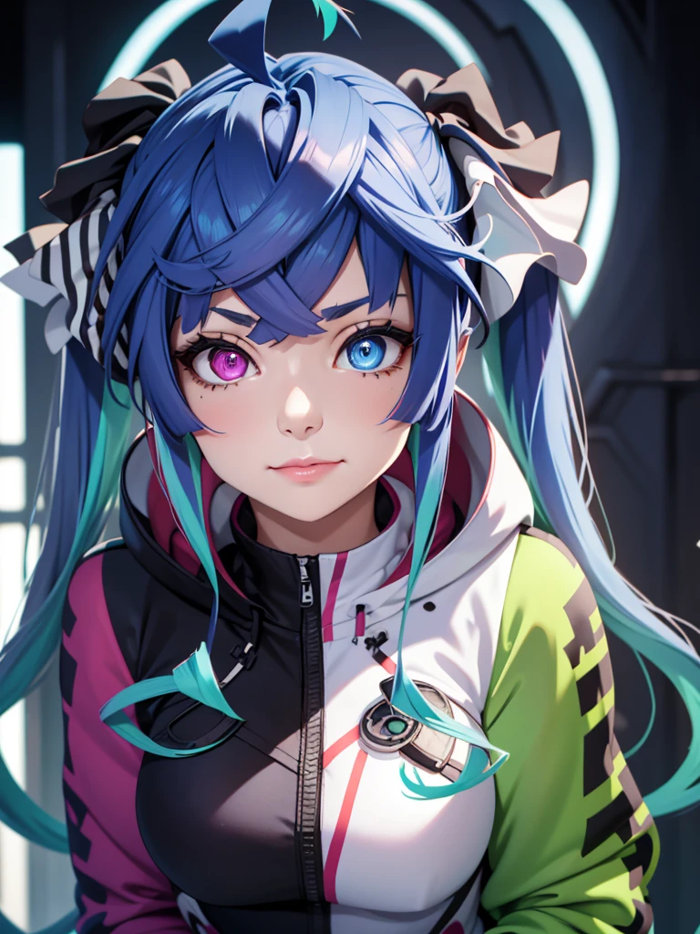 (masterpiece、top-quality、hight resolution、Unity 8k、extremely details CG:1,Best Picture), A woman seductively gazing with half-lidded eyes, her gaze direct and intense. Her lips are slightly parted, with a soft, subtle smile that hints at her intentions. Her head is tilted slightly downward, her features relaxed yet confident. A playful glint in her eyes suggests she’s enjoying the act of seduction. Twin_Turbo_Umamusume, aqua hair, twintails, heterochromia, purple eyes, blue eyes, multicolored hoodie, black leggings, 1girl