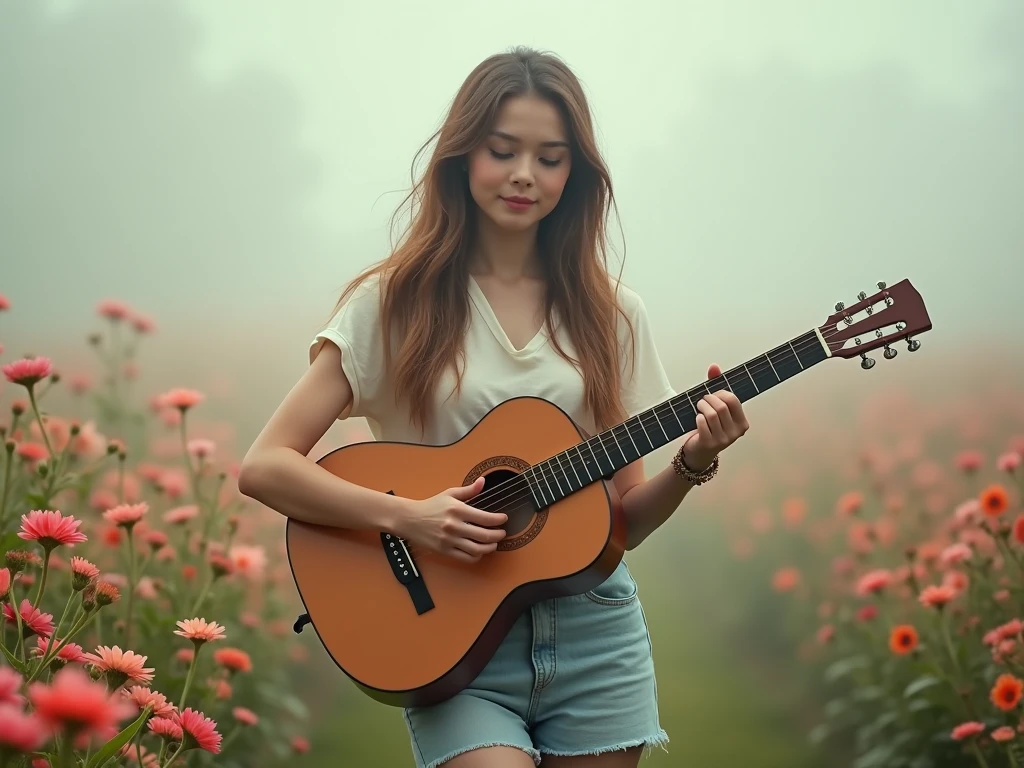 fot, taken from a distance that shows the entire body, She is very young, plein-air, in a flower garden, short mini skirt and t-shirt, medium hips, Caucasian skin, sad for a lost love, long brown hair, a softened wry smile - contained excitement, Soft lighting on your face, realistic skin-clothes-hair textures, sky blue eyes carpeted mist, beautiful real textures and delicate aesthetics, full body view, playing guitar, notable for natural feminine beauty, noise, 8 k quality, FOTO RAW, by professional photographer, rule of thirds, Extremely Detailed