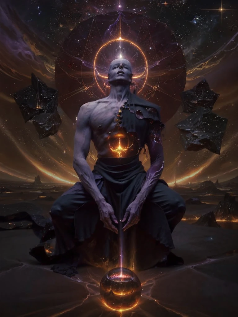 (radagon),dorado,Create a highly detailed and atmospheric digital painting of a cosmic dark entity meditating in a lotus position on the surface of a barren planet. The entity has a shadowy, featureless face and a muscular humanoid body covered in dark organic tendrils that appear to flow and twist around it.. A bright red crystal is embedded in his chest, pulsating with dark energy. Above the head of the entity, A spinning purple and black cosmic vortex with a glowing mystical orb at its center radiates power, Shedding an ethereal light. The background features a vast star-filled galaxy with purple nebulas and distant cosmic phenomena., creating a sense of infinite space and power. The lighting is dark and sinister, and the main sources of light are the glowing red crystal and the mystical orb. The overall color palette is dominated by deep purples., black and touches of red, evoking a sense of cosmic mystery and power.
