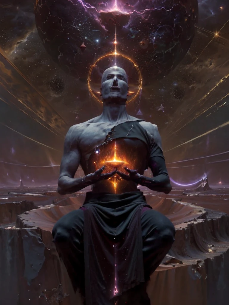 (radagon),dorado,Create a highly detailed and atmospheric digital painting of a cosmic dark entity meditating in a lotus position on the surface of a barren planet. The entity has a shadowy, featureless face and a muscular humanoid body covered in dark organic tendrils that appear to flow and twist around it.. A bright red crystal is embedded in his chest, pulsating with dark energy. Above the head of the entity, A spinning purple and black cosmic vortex with a glowing mystical orb at its center radiates power, Shedding an ethereal light. The background features a vast star-filled galaxy with purple nebulas and distant cosmic phenomena., creating a sense of infinite space and power. The lighting is dark and sinister, and the main sources of light are the glowing red crystal and the mystical orb. The overall color palette is dominated by deep purples., black and touches of red, evoking a sense of cosmic mystery and power.