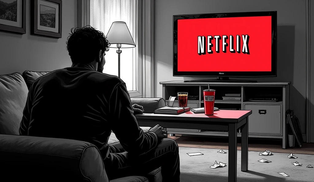 Create a black and white manga style image with colored highlight point on the image, In this image I need to portray a dramatic scene of someone lazy, procratinando, a tv with nwtflix and a table with drinks in the background.