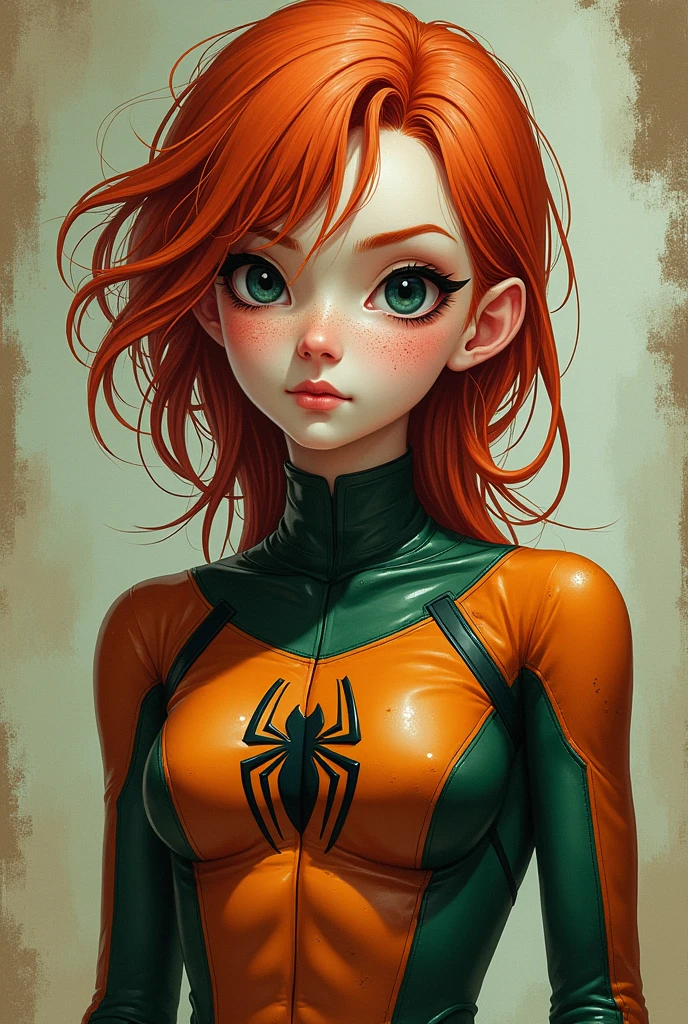 Pale chica, ginger hair, black eyes, freckled, one lens, He has a green and orange Spiderman suit, The suit also has a brown jumpsuit, Marvel style panel