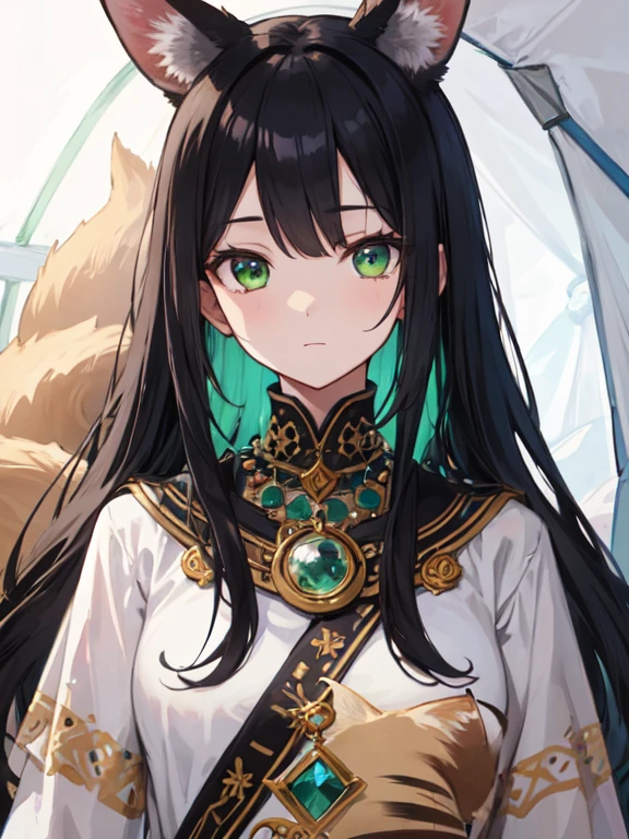 girl with green eyes,detailed face, long eyelashes, black hair, green eyes, fennec fox ears, wearing tribal clothes, in a tent, ultra-detailed,,fantasy, high quality, detailed body, full portain