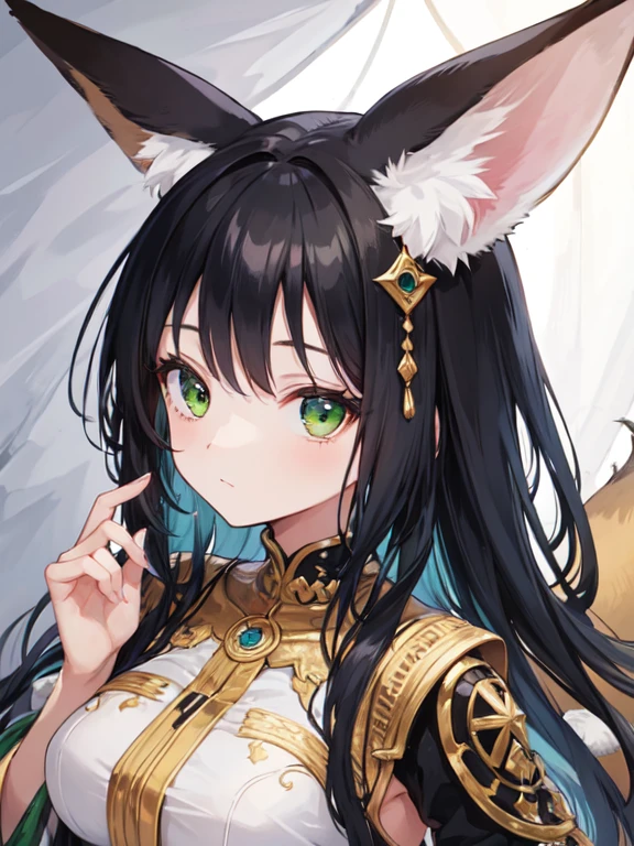 girl with green eyes,detailed face, long eyelashes, black hair, green eyes, fennec fox ears, wearing tribal clothes, in a tent, ultra-detailed,,fantasy, high quality, detailed body, full portain